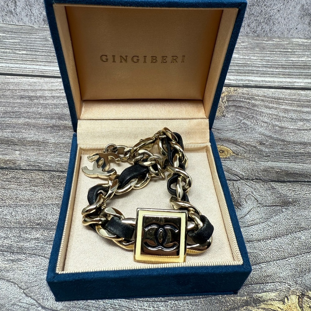 CHANEL Logo Leather Chain Bracelet Black Gold Tone Accessory Authentic